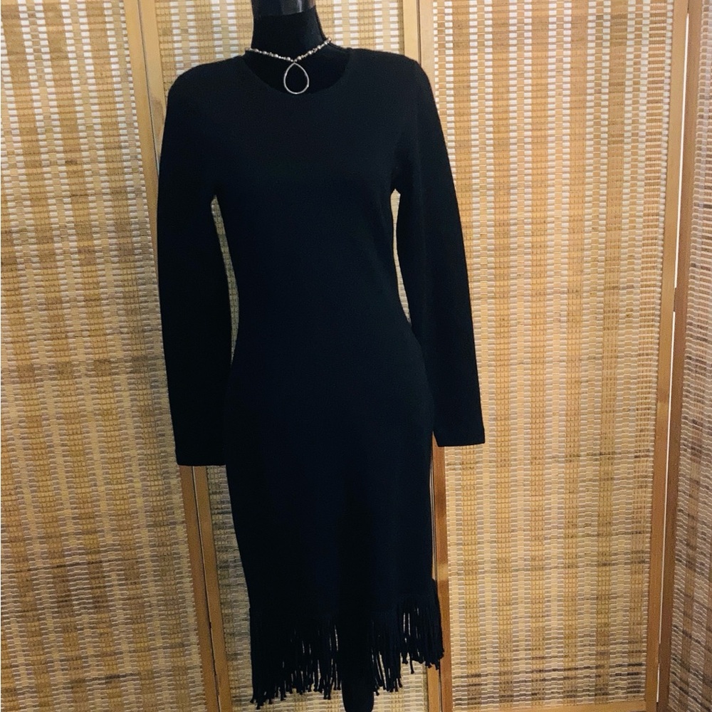 Andrea Jovine | Women’s Elegant Black Wool Fringe Dress - Size Small